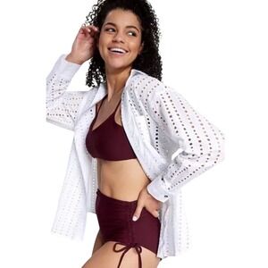 Calia Swim Coverup Shirt Womens Small White Oversized Button Down Eyelet Top New